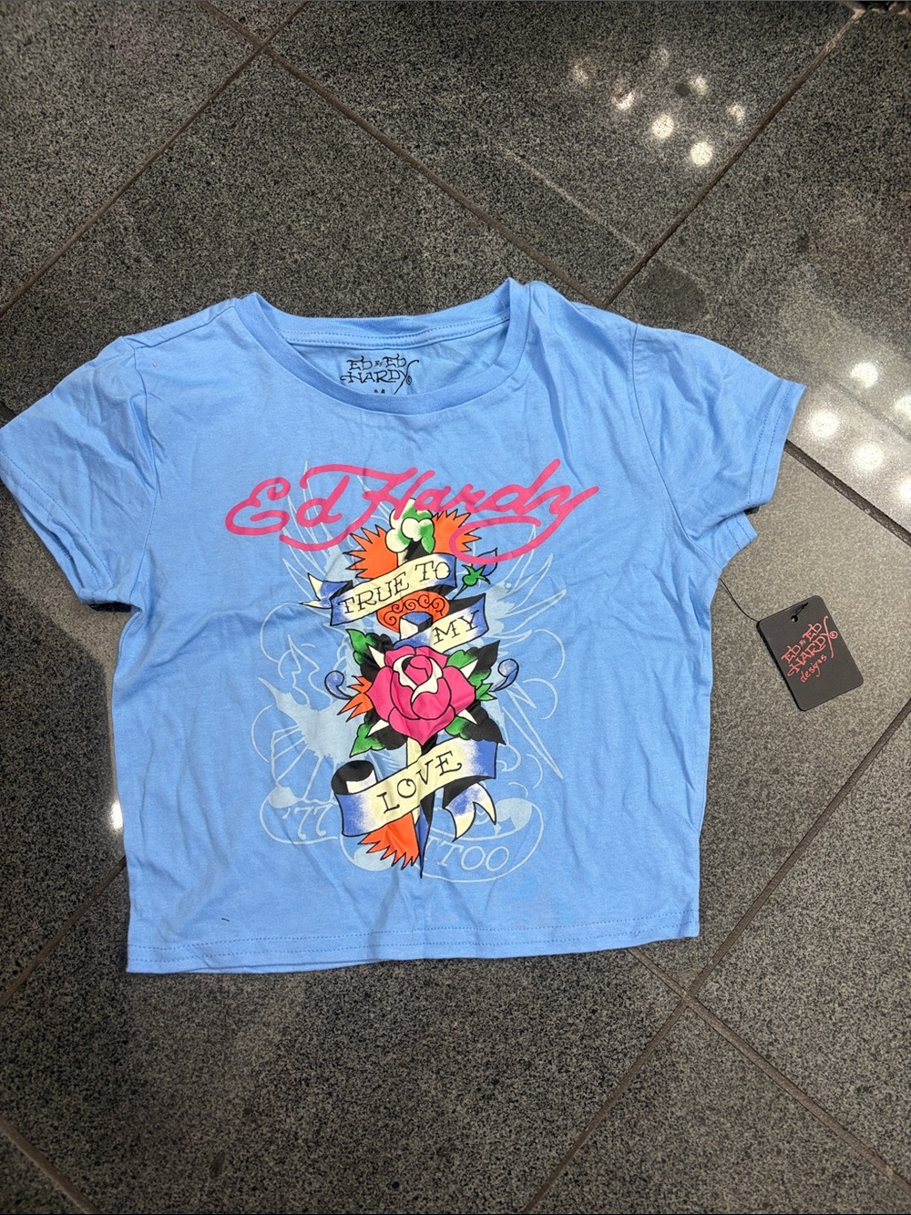 Ed Hardy Blue Women’s Short Sleeve Tee with Pink Logo & Multicolor Graphic